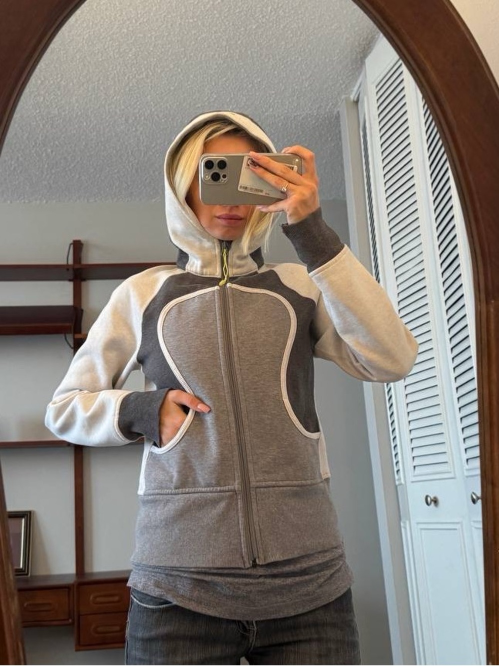 lululemon athletica Gray & Cream Hooded Bomber Zip Jacket